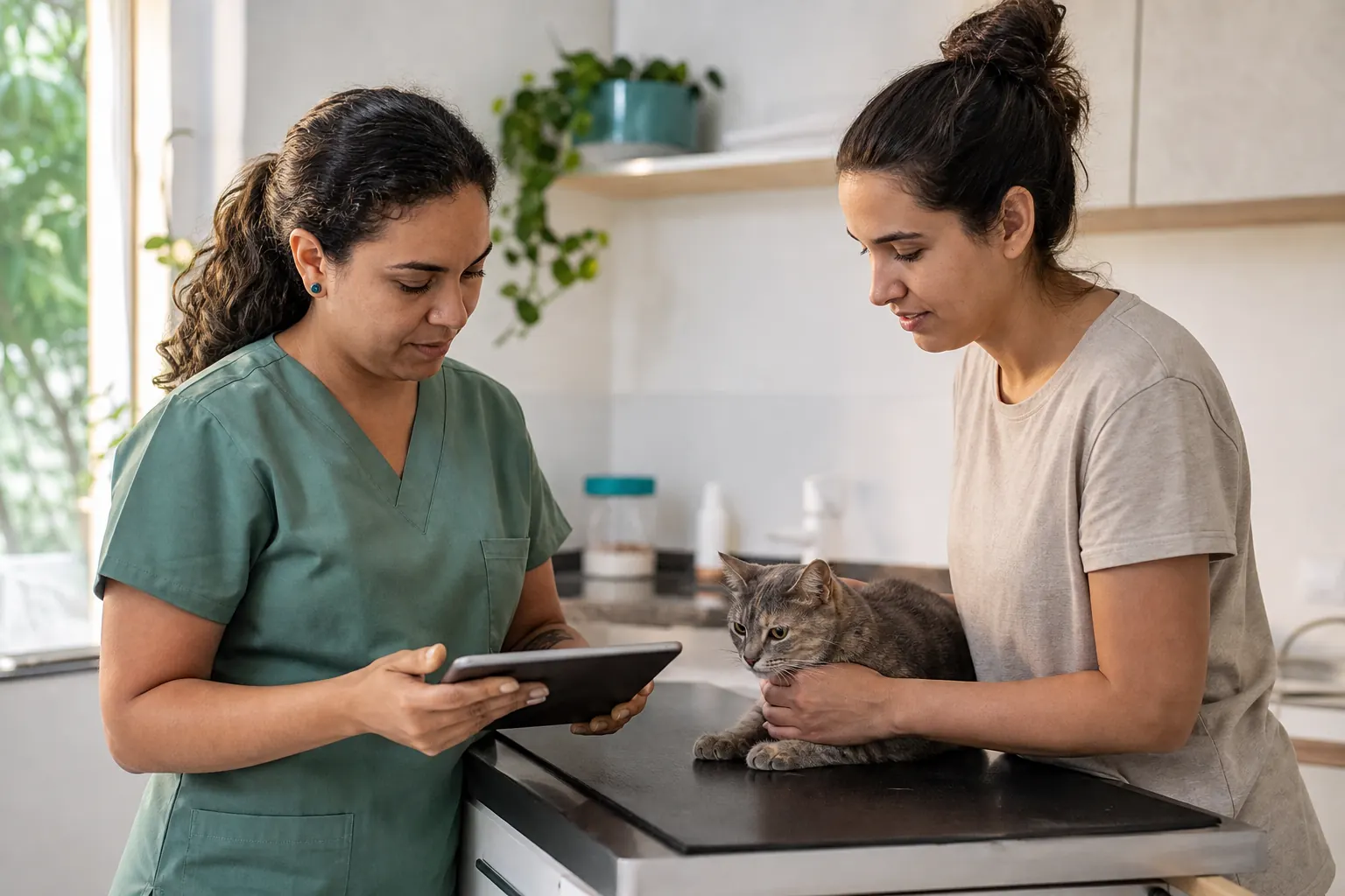 Veterinária consulta informações em um tablet durante atendimento de uma gata acompanhada por sua tutora.