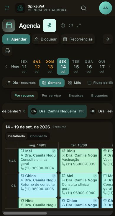 Agenda do Spike.Vet no celular, com paciente, telefone, atendimento e profissional disponíveis durante o deslocamento da equipe.