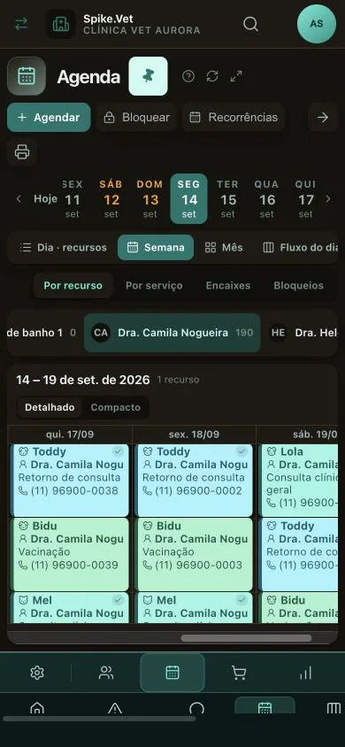 Fim da semana na agenda mobile do Spike.Vet, mostrando quinta, sexta e sábado com atendimentos preenchidos.